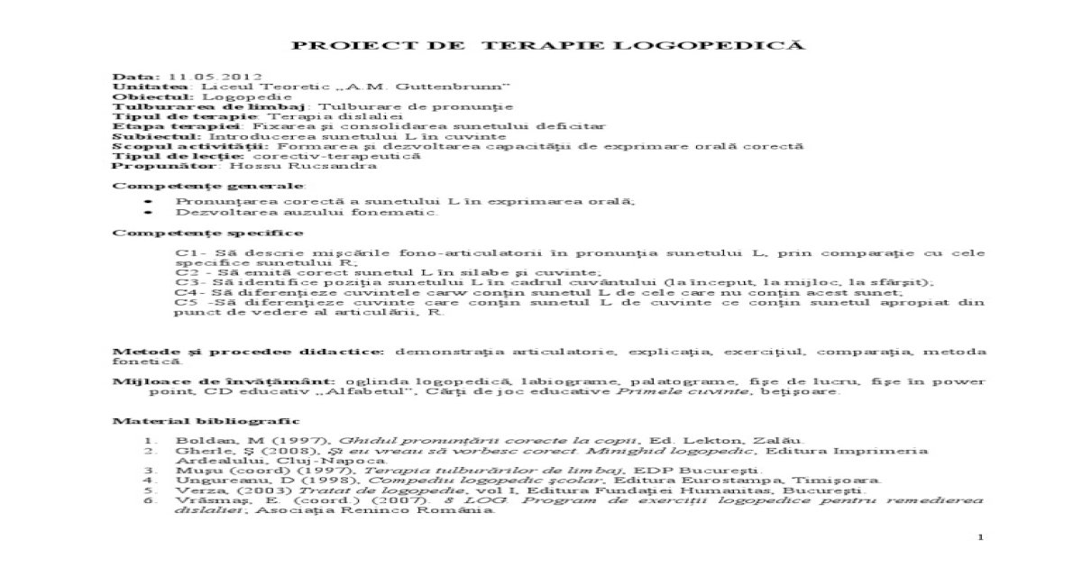 Proiect Lectie Consolidare L Logopedie Pdf Document